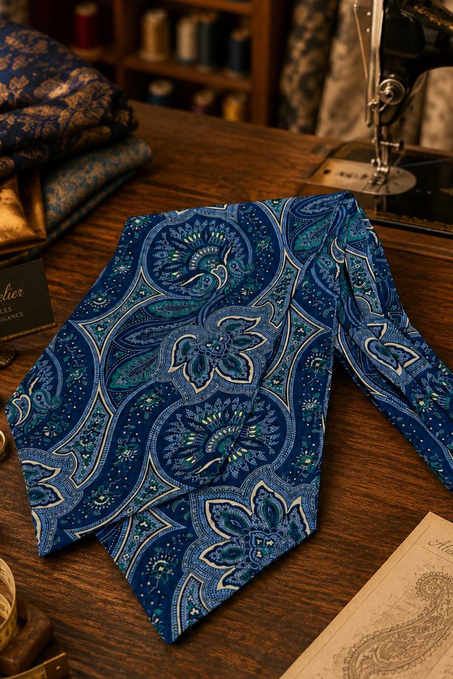 Lacivert Yeşil Şal Desen İtalyan İpek Ascot Kravat SAC132