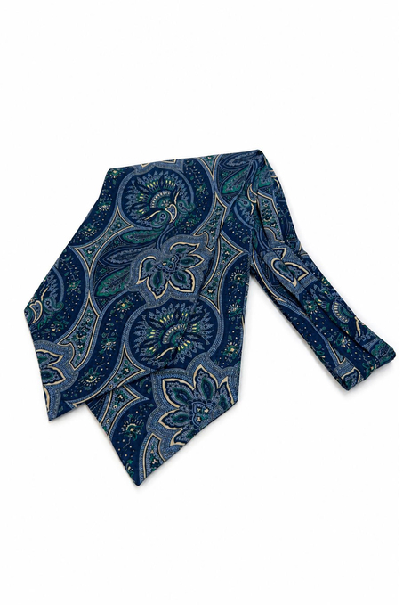 Lacivert Yeşil Şal Desen İtalyan İpek Ascot Kravat SAC132