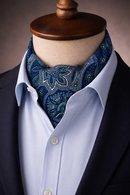 Lacivert Yeşil Şal Desen İtalyan İpek Ascot Kravat SAC132