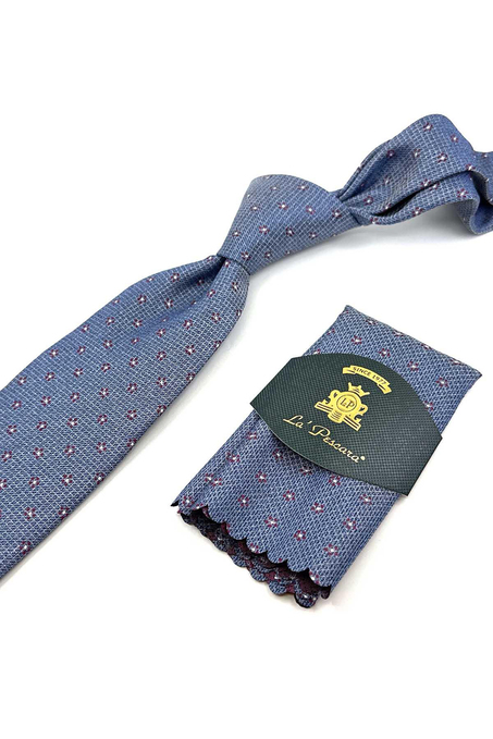 Mavi Çiçek Desen Mendilli Klasik Kravat KK12264