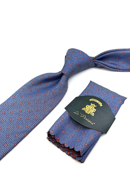 Mavi Çiçek Desen Mendilli Klasik Kravat KK12258