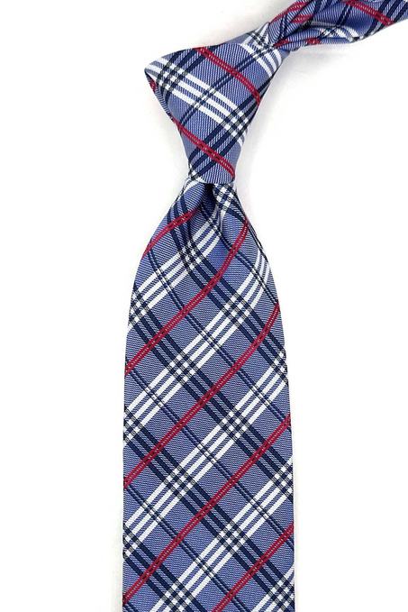 Mavi Ekose Desen Mendilli Klasik Kravat KK13196