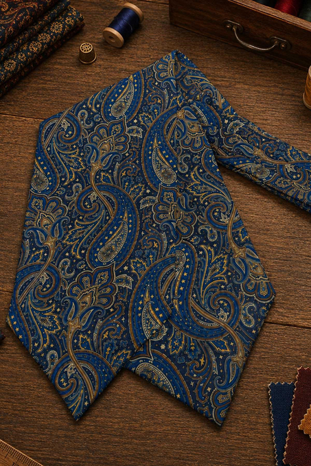 Mavi Gold Şal Desen İtalyan İpek Ascot Kravat SAC77