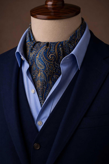 Mavi Gold Şal Desen İtalyan İpek Ascot Kravat SAC77