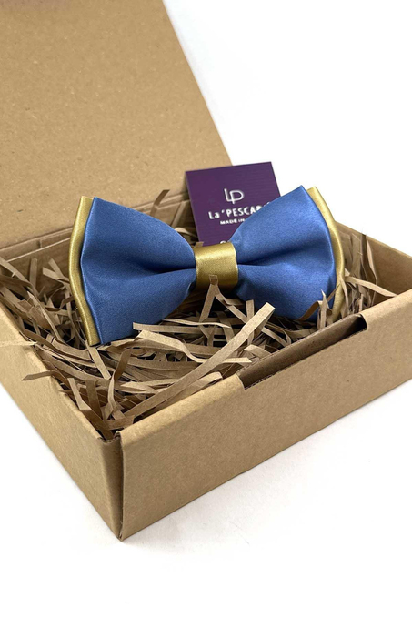 Mavi - Gold Saten Düz Papyon P1988