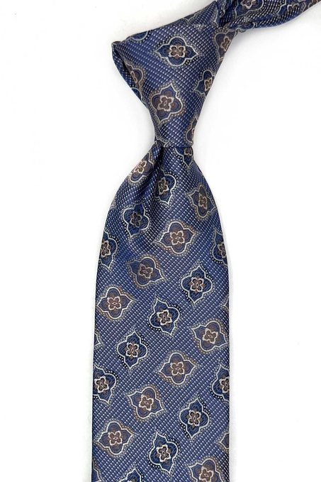 Mavi - Kahve Motif Desen Mendilli Klasik Kravat KK13610