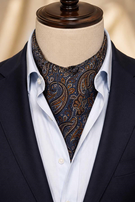 Mavi Kahve Şal Desen İtalyan İpek Ascot Kravat SAC121