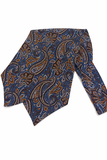 Mavi Kahve Şal Desen İtalyan İpek Ascot Kravat SAC121