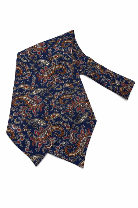 Mavi Kırmızı Şal Desen İtalyan İpek Ascot Kravat SAC76