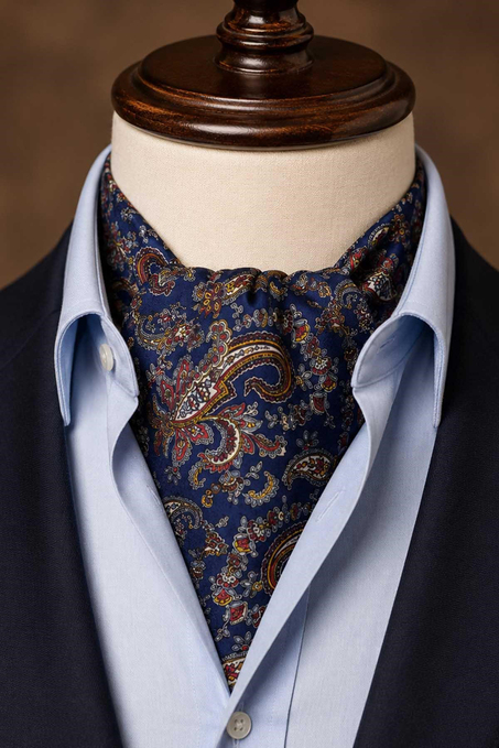 Mavi Kırmızı Şal Desen İtalyan İpek Ascot Kravat SAC76