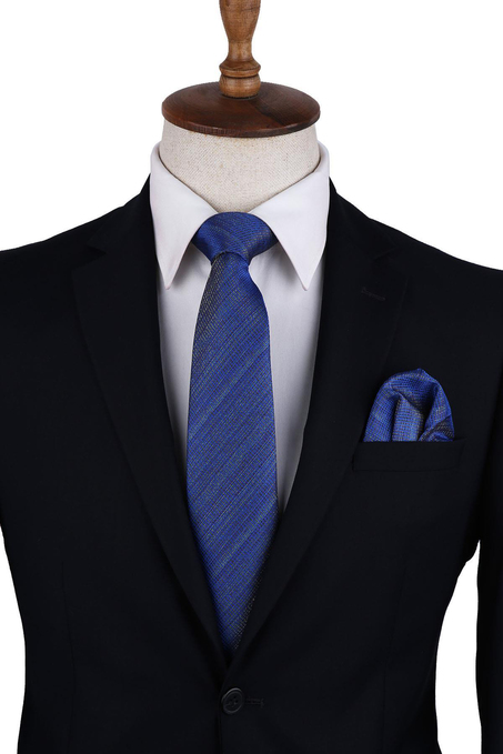 Mavi Kum Desen Mendilli Klasik Kravat KK10636