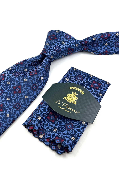 Mavi Lacivert Motif Desen Mendilli Klasik Kravat KK13924