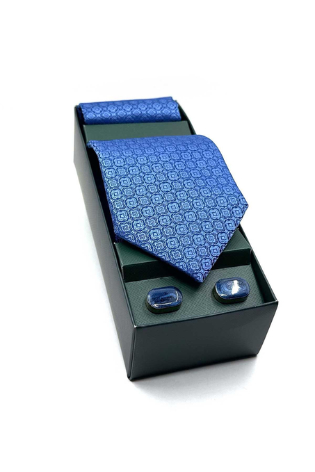 Mavi Mendilli Kravat Lacivert Kol Düğmesi Hediye Seti OS569