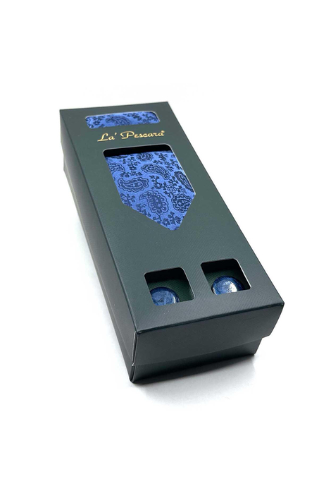 Mavi Mendilli Kravat Lacivert Kol Düğmesi Hediye Seti OS574