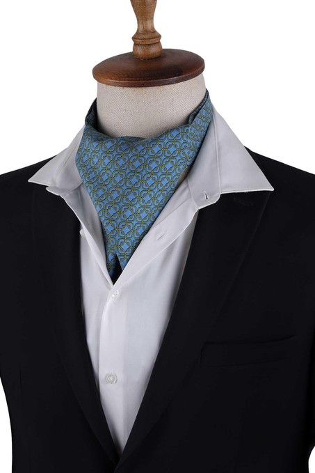 Mavi Motif Desen İtalyan İpek Ascot Fular K648