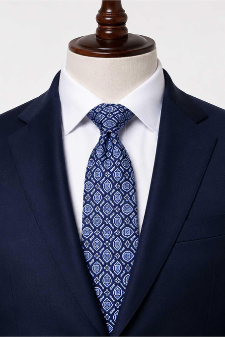 Mavi Motif Desen İtalyan İpek Kravat İK2538