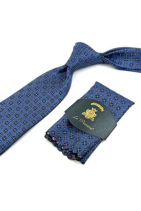 Mavi Motif Desen Mendilli Klasik Kravat KK12073