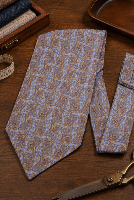 Mavi Şal Desen Ascot Kravat K684