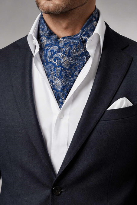 Mavi Şal Desen İtalyan İpek Ascot Kravat SAC146