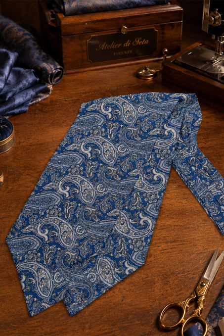 Mavi Şal Desen İtalyan İpek Ascot Kravat SAC146