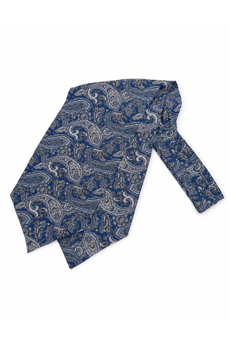 Mavi Şal Desen İtalyan İpek Ascot Kravat SAC146