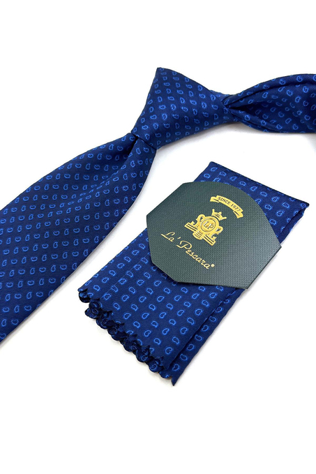 Mavi Şal Desen Mendilli Klasik Kravat KK11140