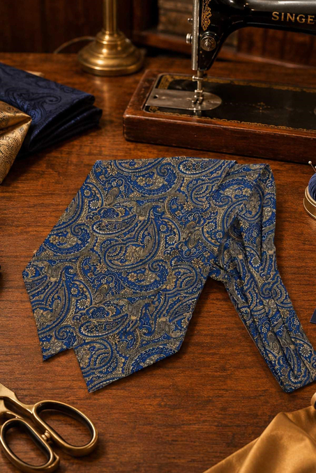 Mavi Sarı Şal Desen İtalyan İpek Ascot Kravat SAC147