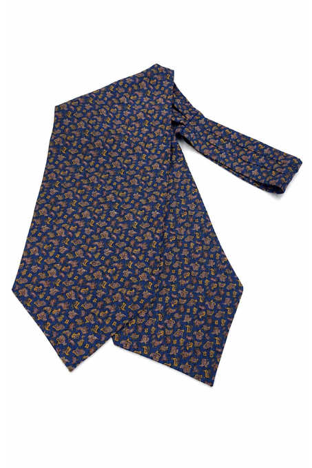 Mavi Sarı Şal Desen İtalyan İpek Ascot Kravat SAC83