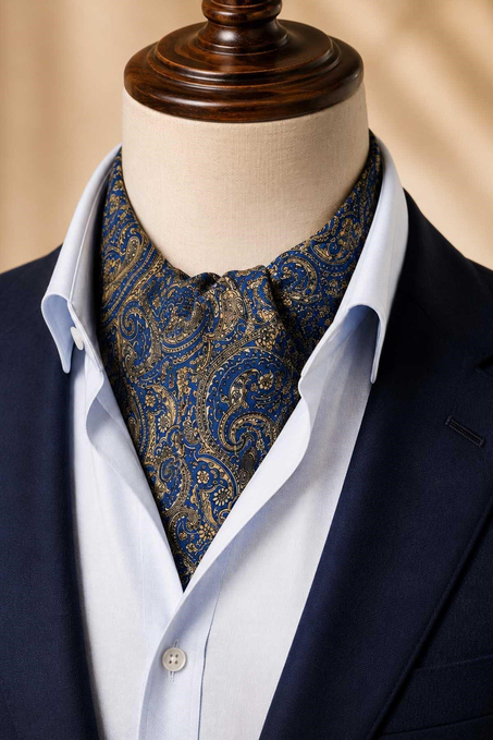 Mavi Sarı Şal Desen İtalyan İpek Ascot Kravat SAC147