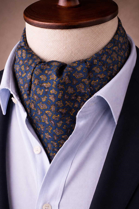 Mavi Sarı Şal Desen İtalyan İpek Ascot Kravat SAC83
