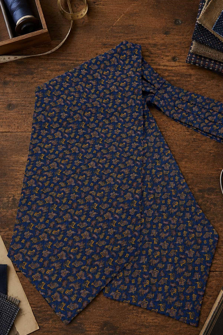 Mavi Sarı Şal Desen İtalyan İpek Ascot Kravat SAC83