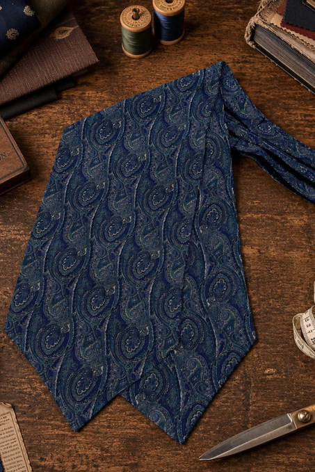 Mavi Yeşil Şal Desen İtalyan İpek Ascot Kravat SAC86