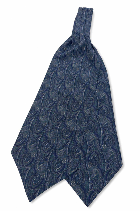 Mavi Yeşil Şal Desen İtalyan İpek Ascot Kravat SAC86