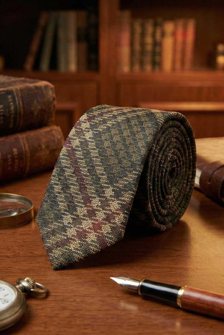 Mulino Style Kahve Ekose Desen İtalyan İpek Kravat İK2227