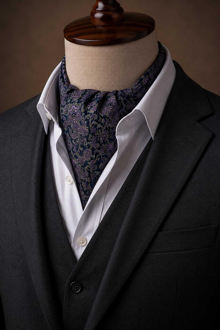 Mürdüm Koyu Lacivert Şal Desen İtalyan İpek Ascot Kravat SAC78