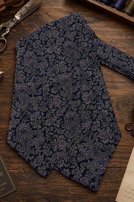 Mürdüm Koyu Lacivert Şal Desen İtalyan İpek Ascot Kravat SAC78