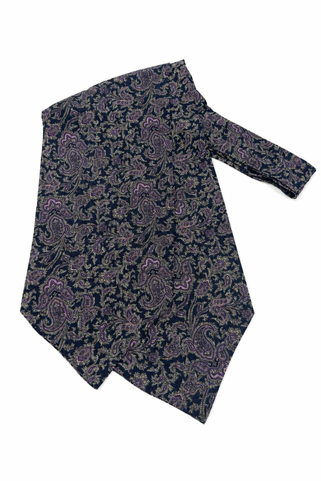 Mürdüm Koyu Lacivert Şal Desen İtalyan İpek Ascot Kravat SAC78