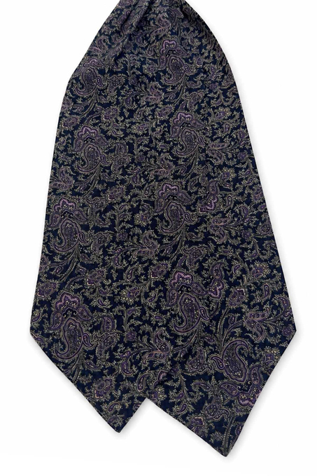 Mürdüm Koyu Lacivert Şal Desen İtalyan İpek Ascot Kravat SAC78