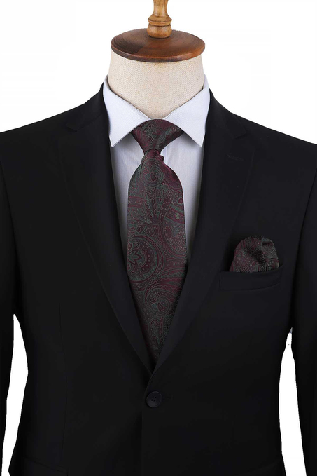 Mürdüm Şal Desen Mendilli Klasik Kravat KK13127