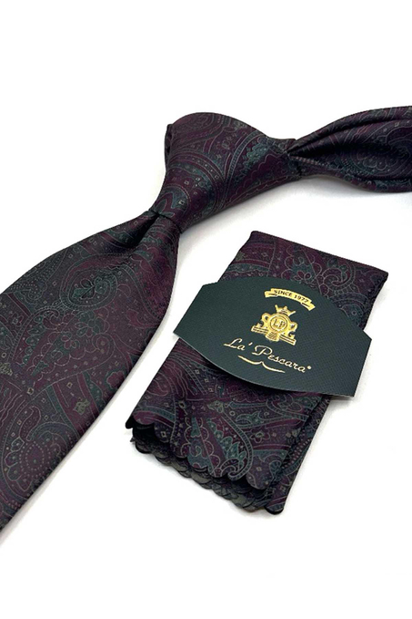 Mürdüm Şal Desen Mendilli Klasik Kravat KK13127