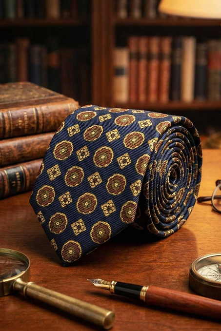 Onsernone Style Lacivert Motif Desen İtalyan İpek Kravat İK2244