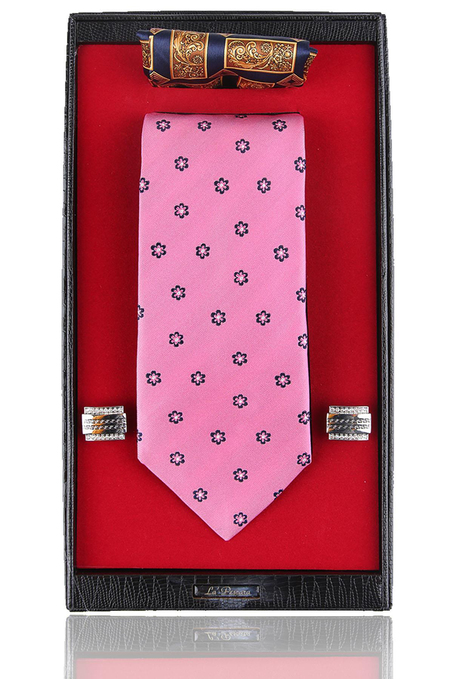Pembe İtalyan İpek Kravat Mendil Kol Düğmesi Sevgililer Günü Hediyesi SKS62