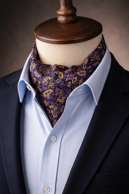 Pembe Lacivert Şal Desen İtalyan İpek Ascot Kravat SAC102