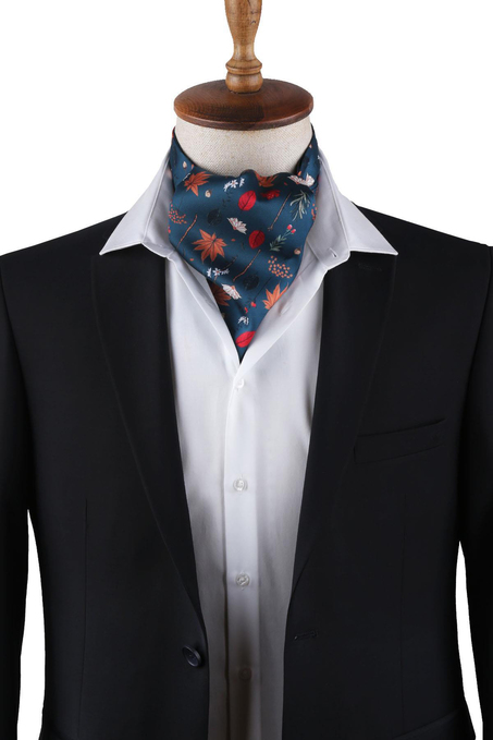 Petrol Mavisi Çiçek Desen Erkek Fular K419