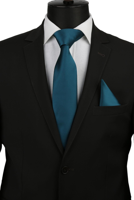 Petrol Mavisi Mendilli Düz Saten Kravat 1601