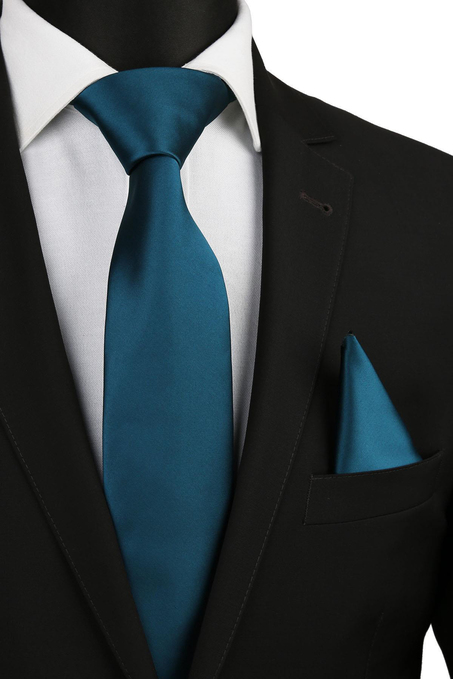 Petrol Mavisi Mendilli Düz Saten Kravat 1601