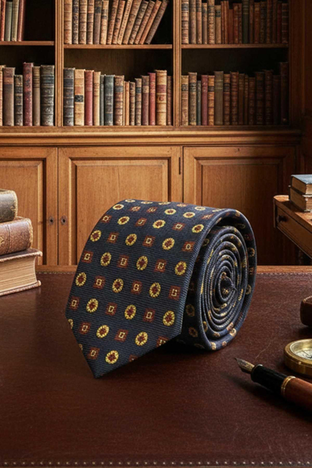 Pregasona Style Koyu Lacivert Motif Desen İtalyan İpek Kravat İK2226