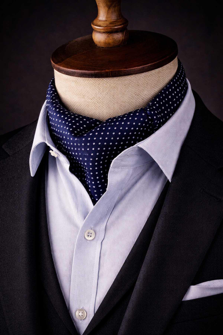 Puantiye Desen Lacivert İtalyan İpek Ascot Kravat SAC14