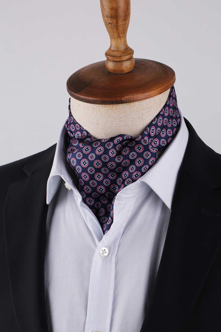 Puantiye Desen Lacivert - Pembe İtalyan İpek Ascot Kravat SAC37