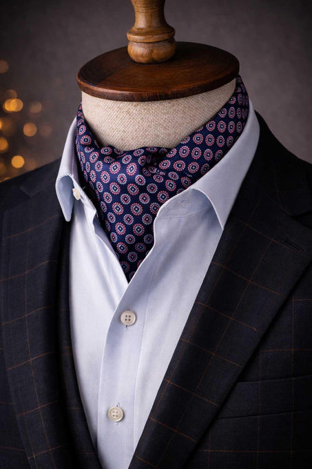 Puantiye Desen Lacivert - Pembe İtalyan İpek Ascot Kravat SAC37